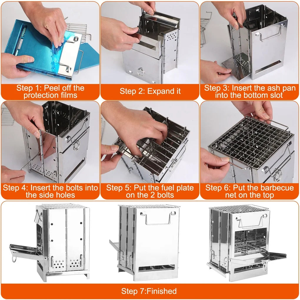 Foldable Wood Burning Camp Stove With Grill Stainless Steel