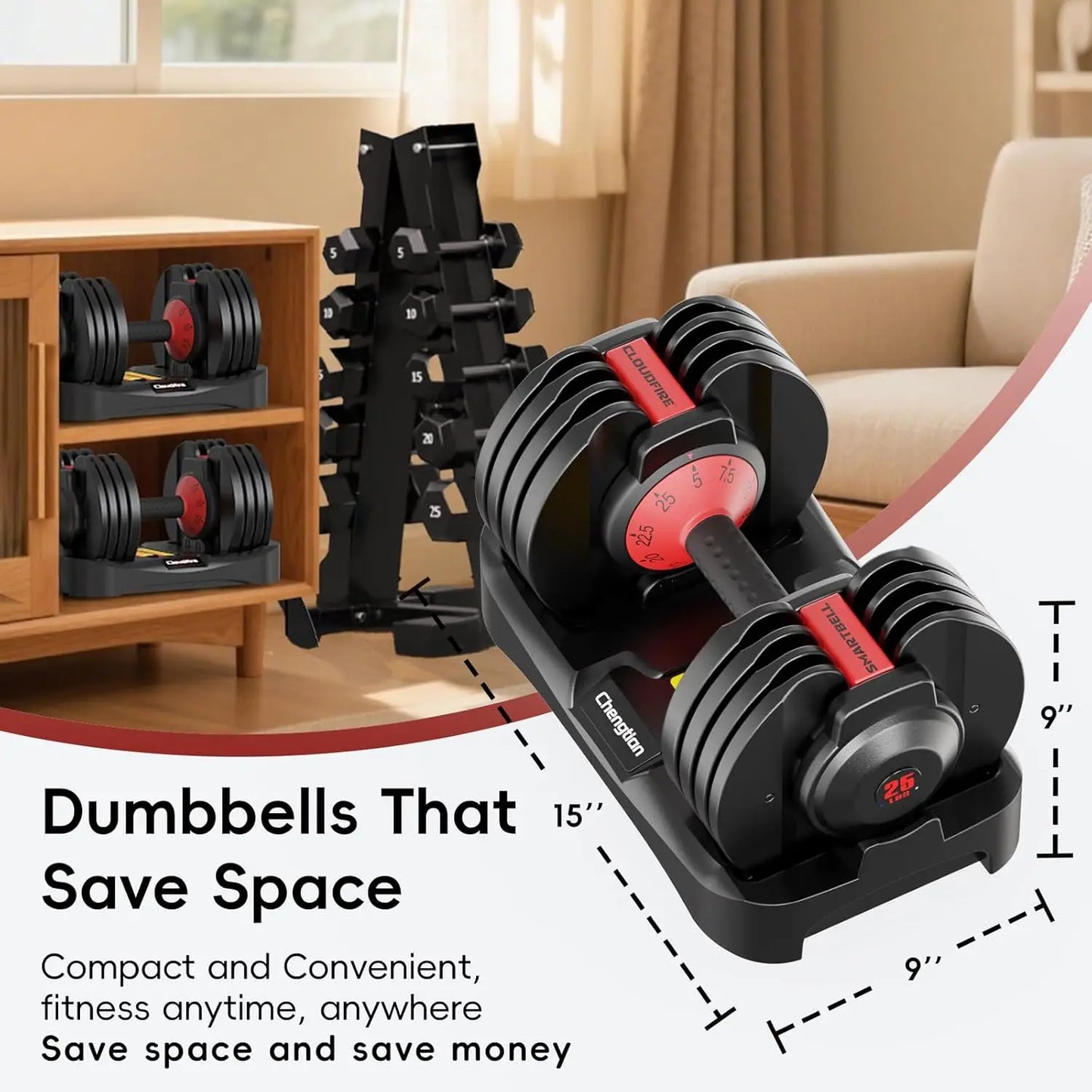 Adjustable Dumbbell Set 5 to 25 Pounds Quick Weight Change Anti Slip Grip