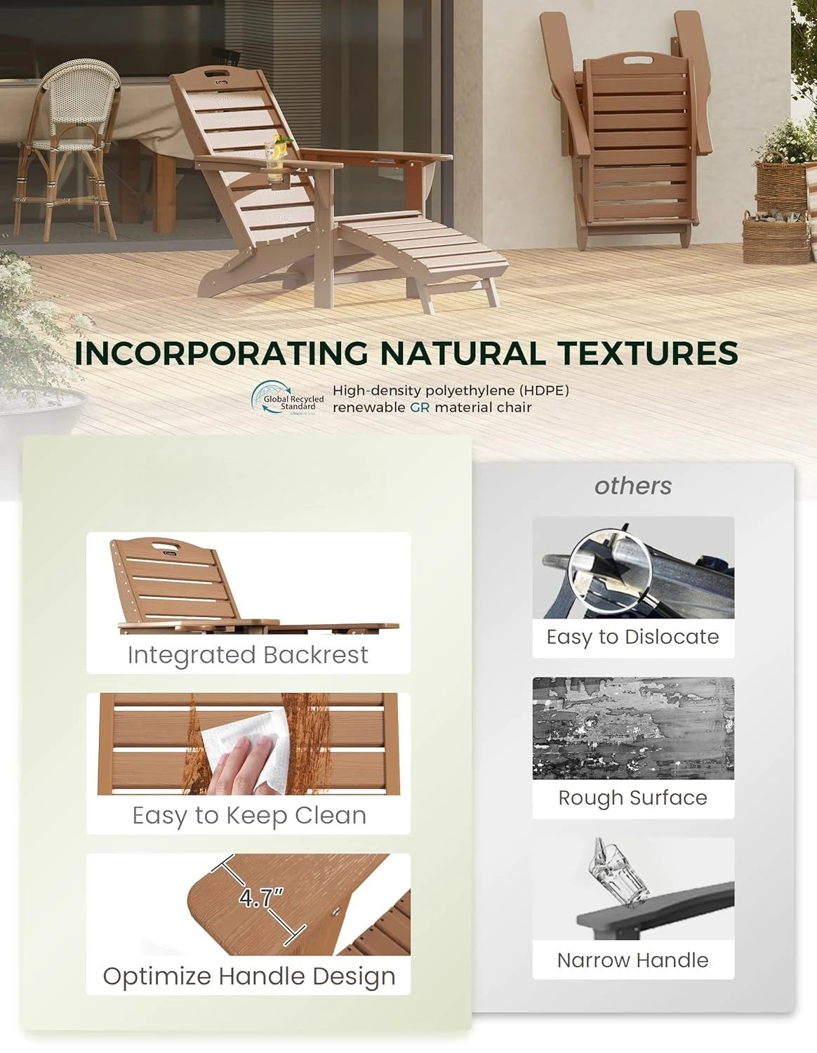 Outdoor Folding Adirondack Chair Set With Retractable Ottoman