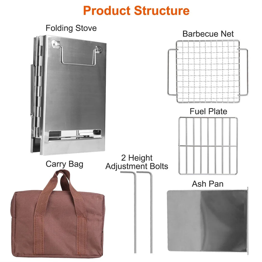 Foldable Wood Burning Camp Stove With Grill Stainless Steel