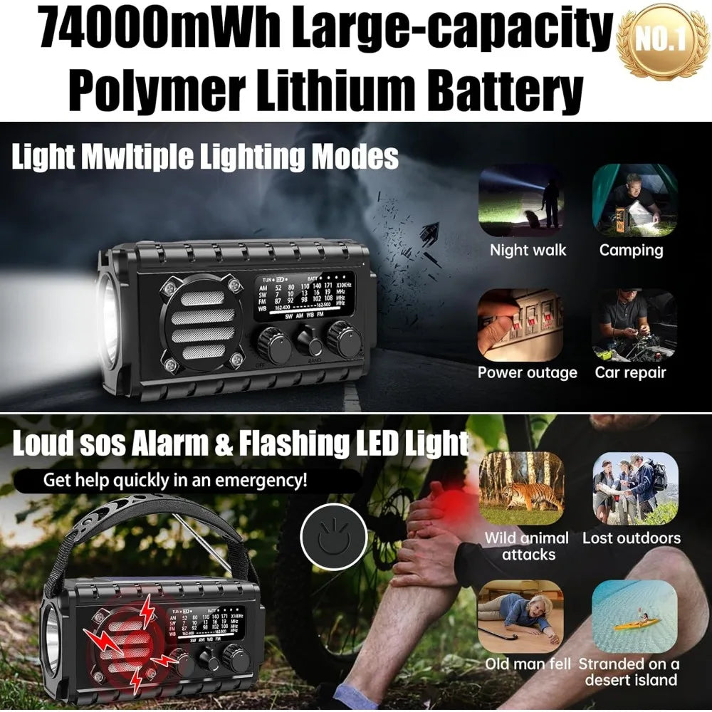 Emergency Solar Hand Crank Radio With 20000mAh Battery And NOAA Weather