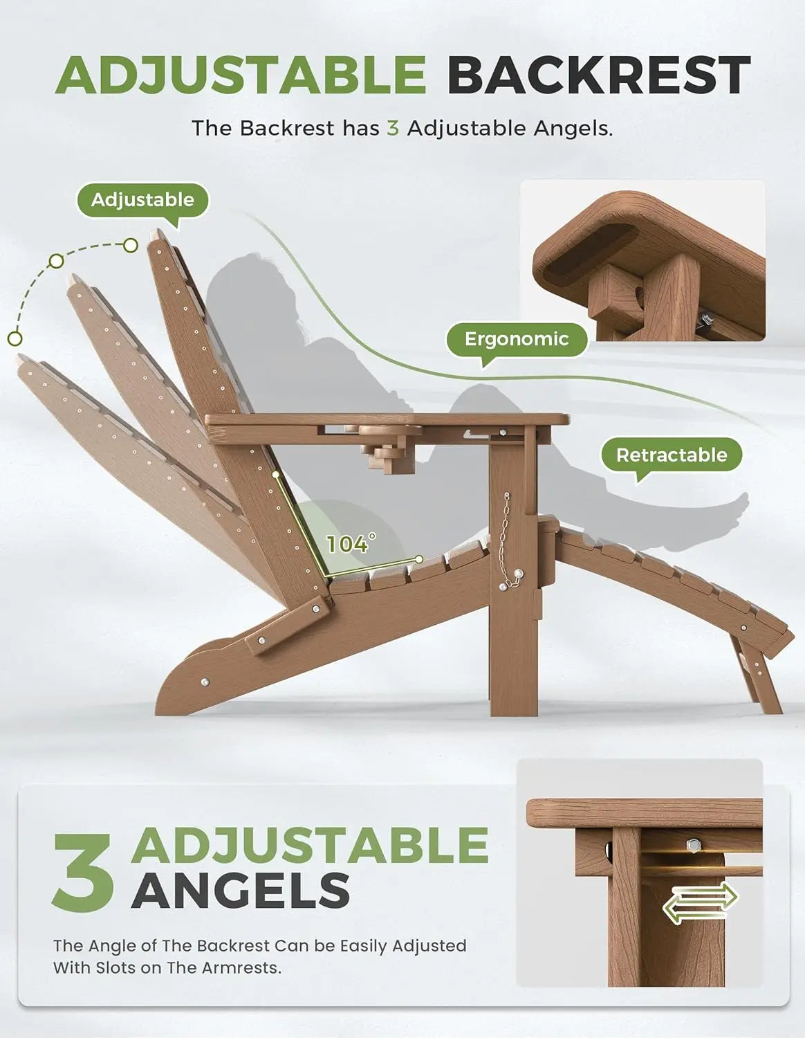 Outdoor Folding Adirondack Chair Set With Retractable Ottoman
