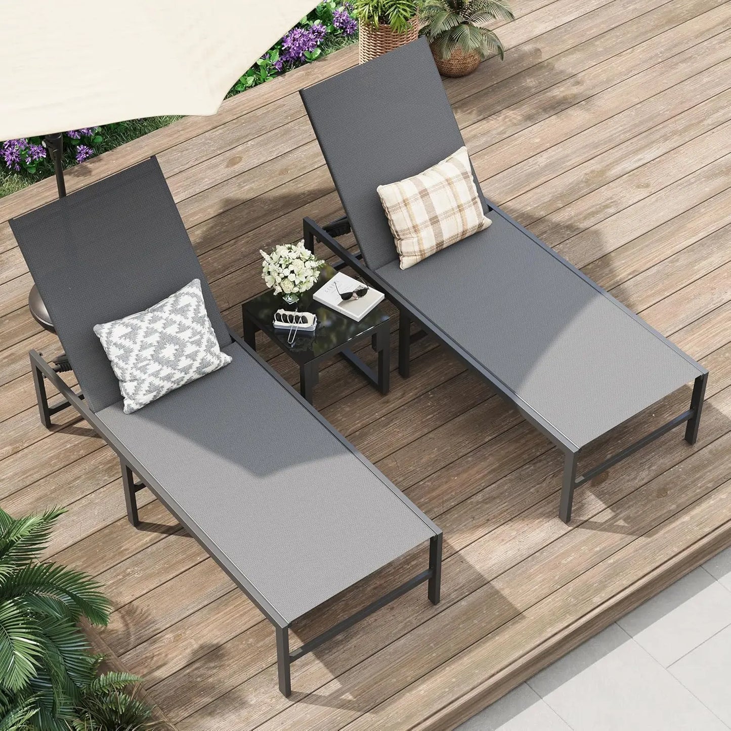 3-Piece Adjustable Chaise Lounge Set With Table Weather Resistant