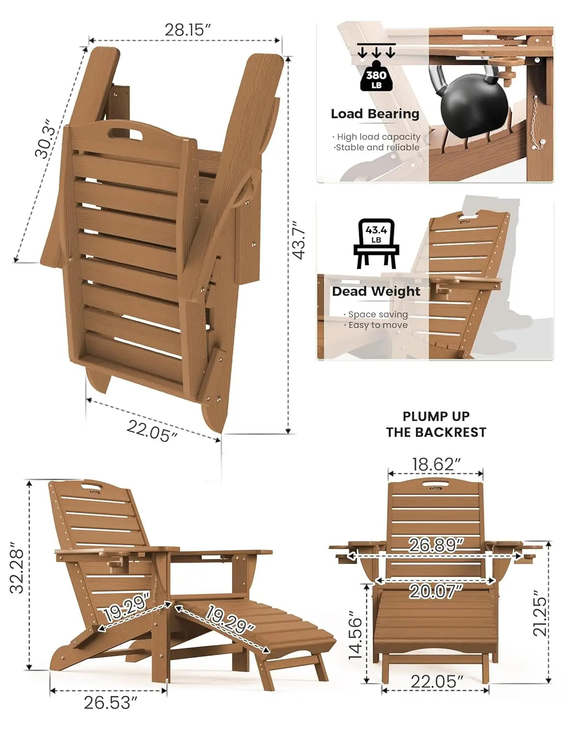 Outdoor Folding Adirondack Chair Set With Retractable Ottoman