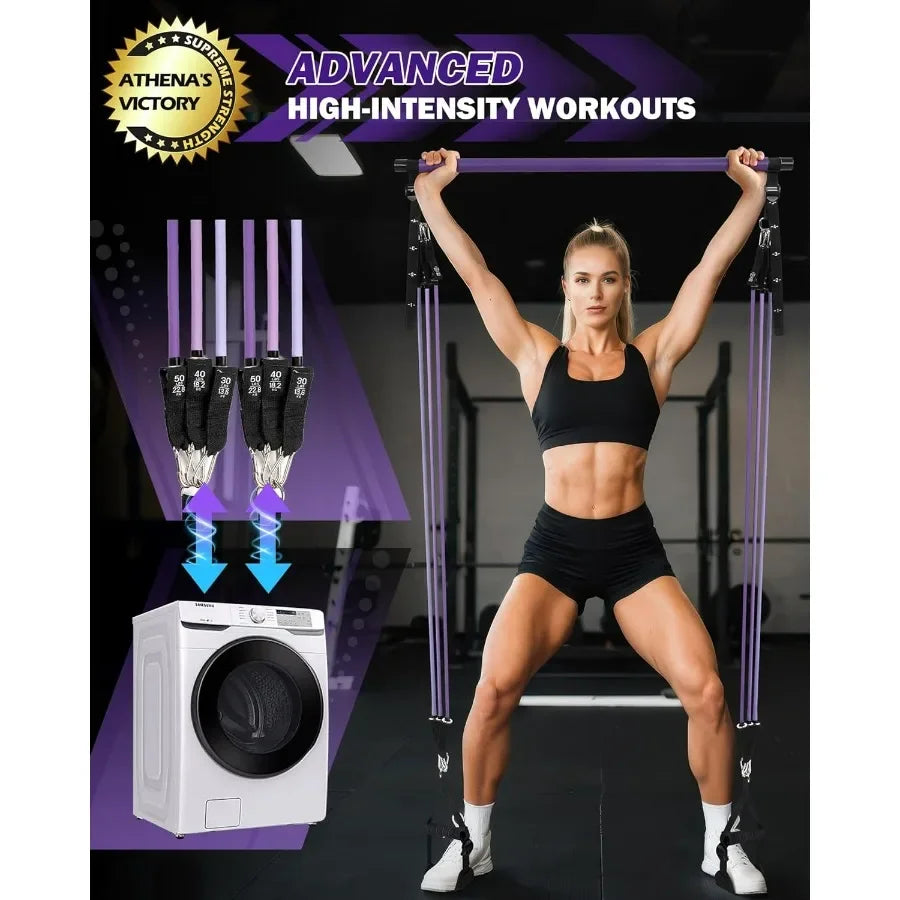 Pilates Bar Kit With Resistance Bands Natural Latex Stainless Steel