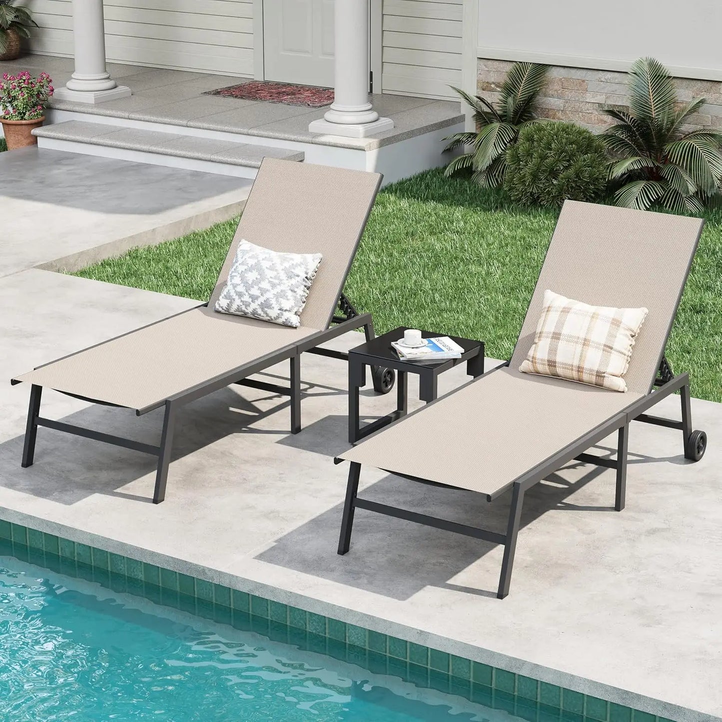 3-Piece Adjustable Chaise Lounge Set With Table Weather Resistant