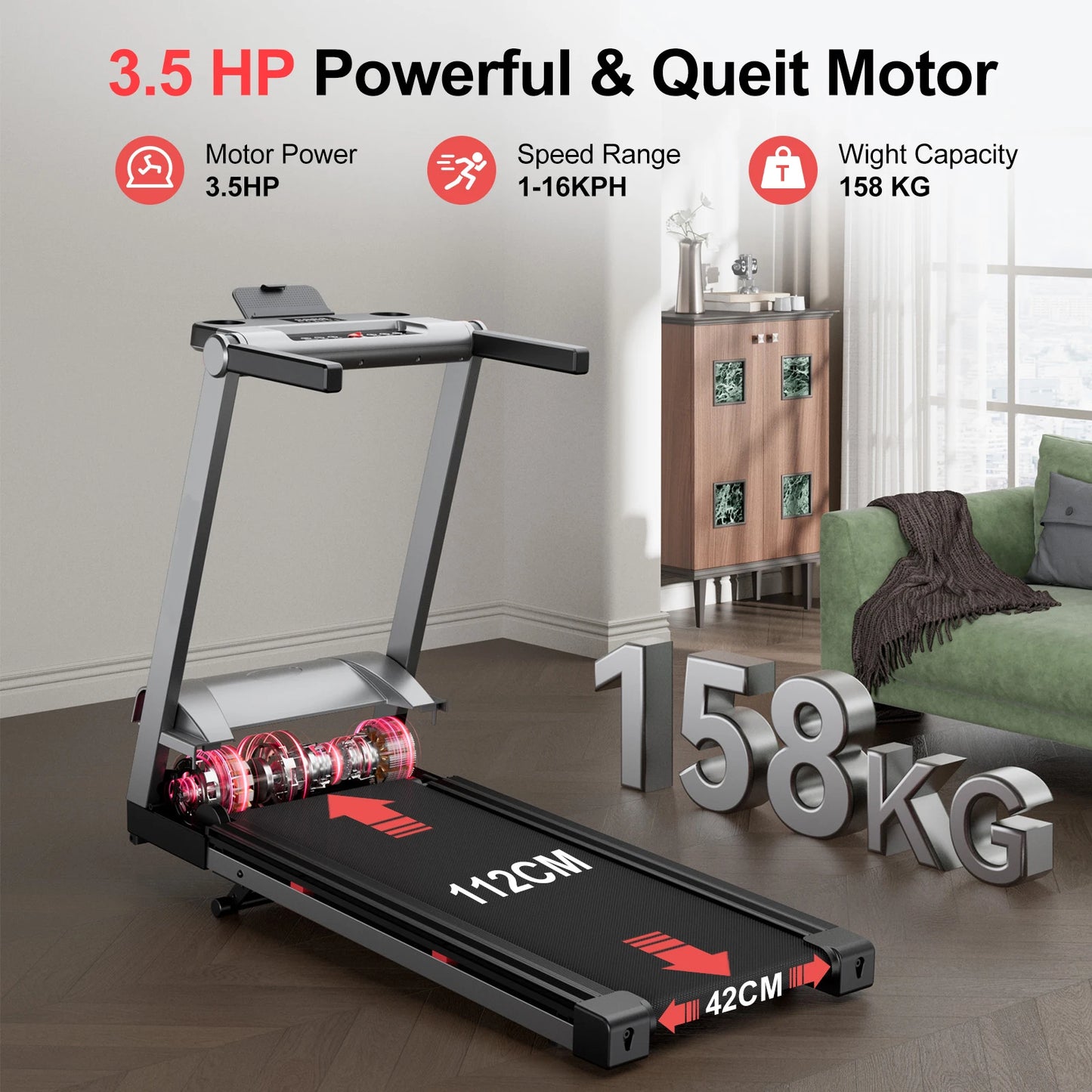 Superun 3.5HP Foldable Incline Treadmill 350LBS Capacity With Touch Screen
