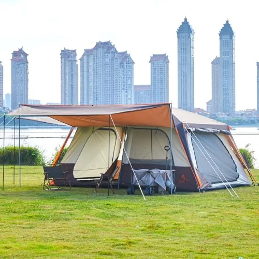 Extra Large Tent 12 Person A Awning Family Cabin Tents 2 Rooms 4 Doors and 4 Windows with Mesh Straight Wall Waterproof Double
