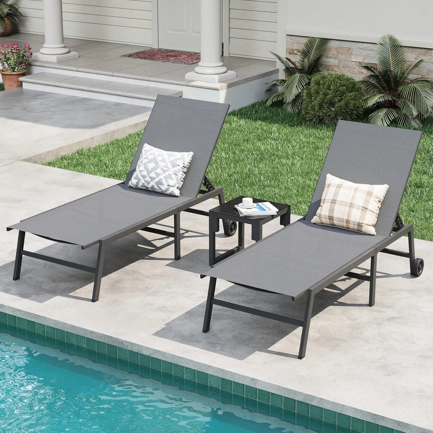 3-Piece Adjustable Chaise Lounge Set With Table Weather Resistant