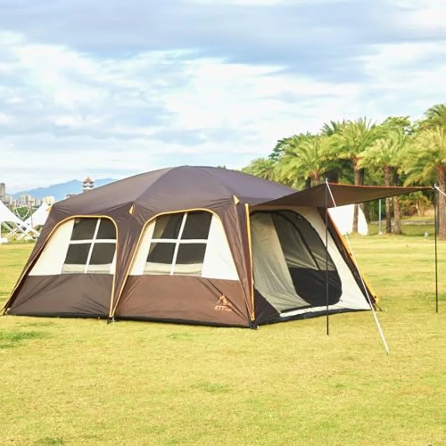 Extra Large Tent 12 Person A Awning Family Cabin Tents 2 Rooms 4 Doors and 4 Windows with Mesh Straight Wall Waterproof Double