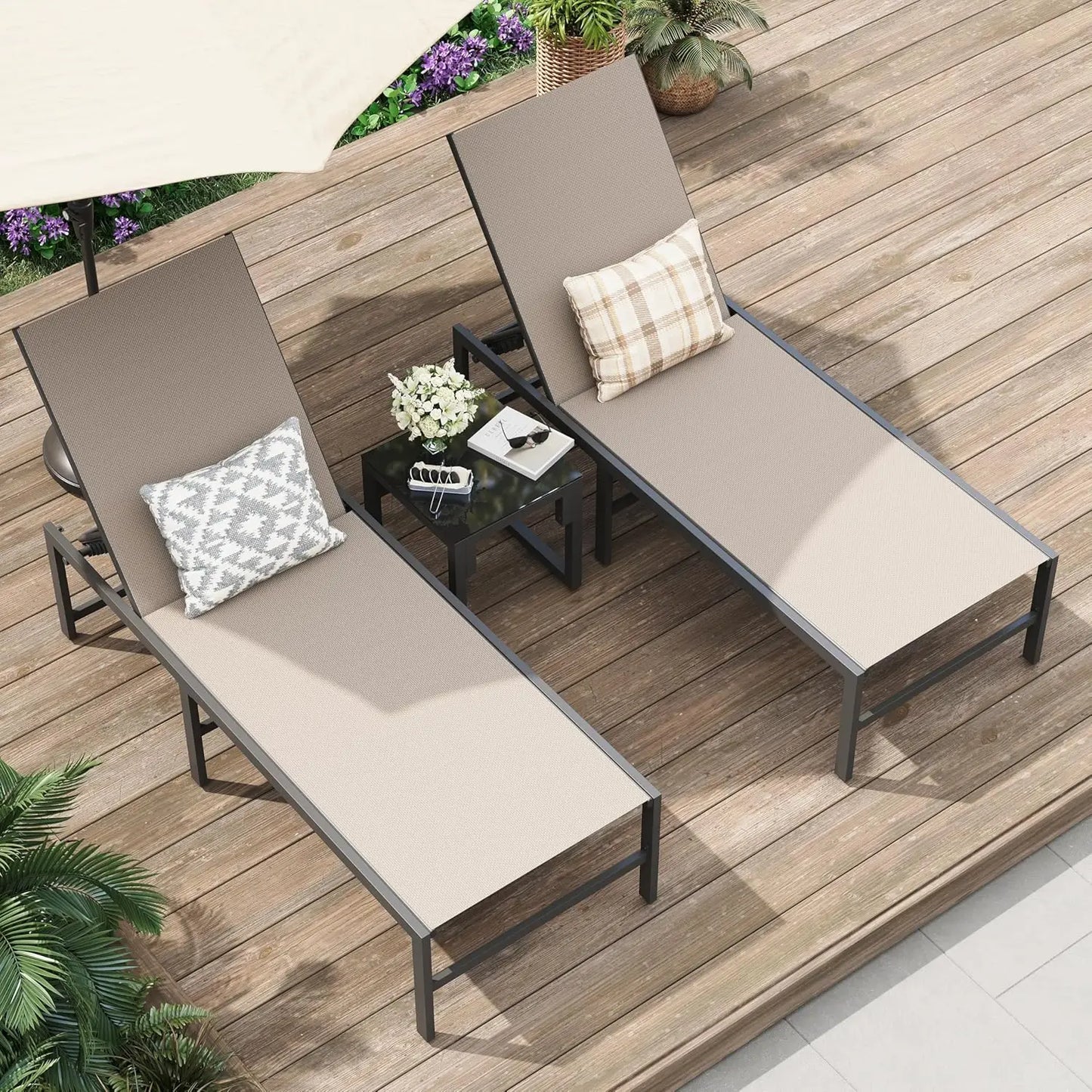 3-Piece Adjustable Chaise Lounge Set With Table Weather Resistant