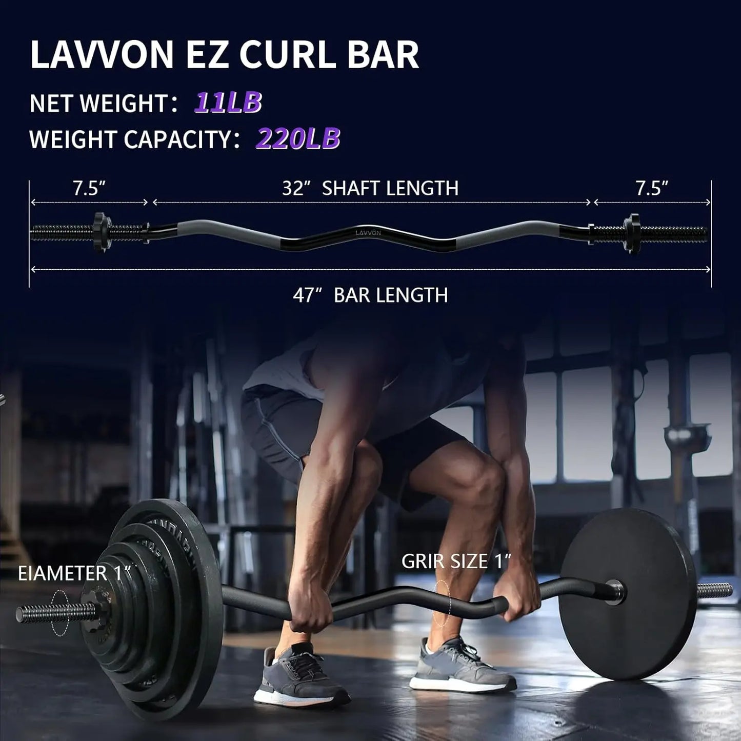 EZ Curl Bar For Weightlifting 220lb Capacity Home Gym