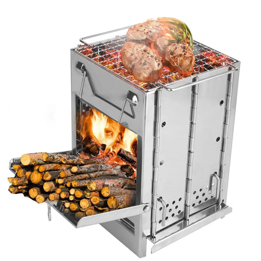 Foldable Wood Burning Camp Stove With Grill Stainless Steel