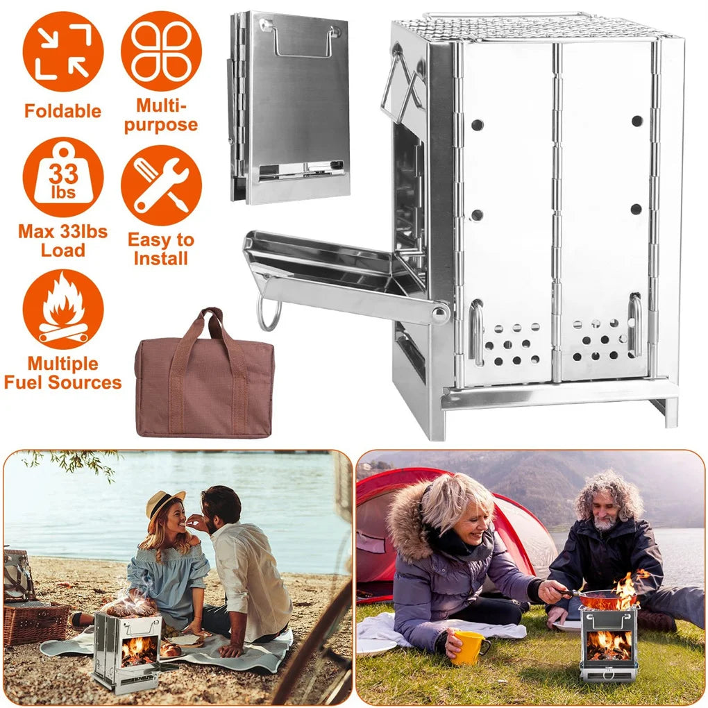 Foldable Wood Burning Camp Stove With Grill Stainless Steel