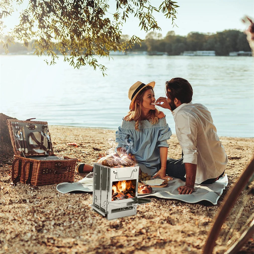 Foldable Wood Burning Camp Stove With Grill Stainless Steel