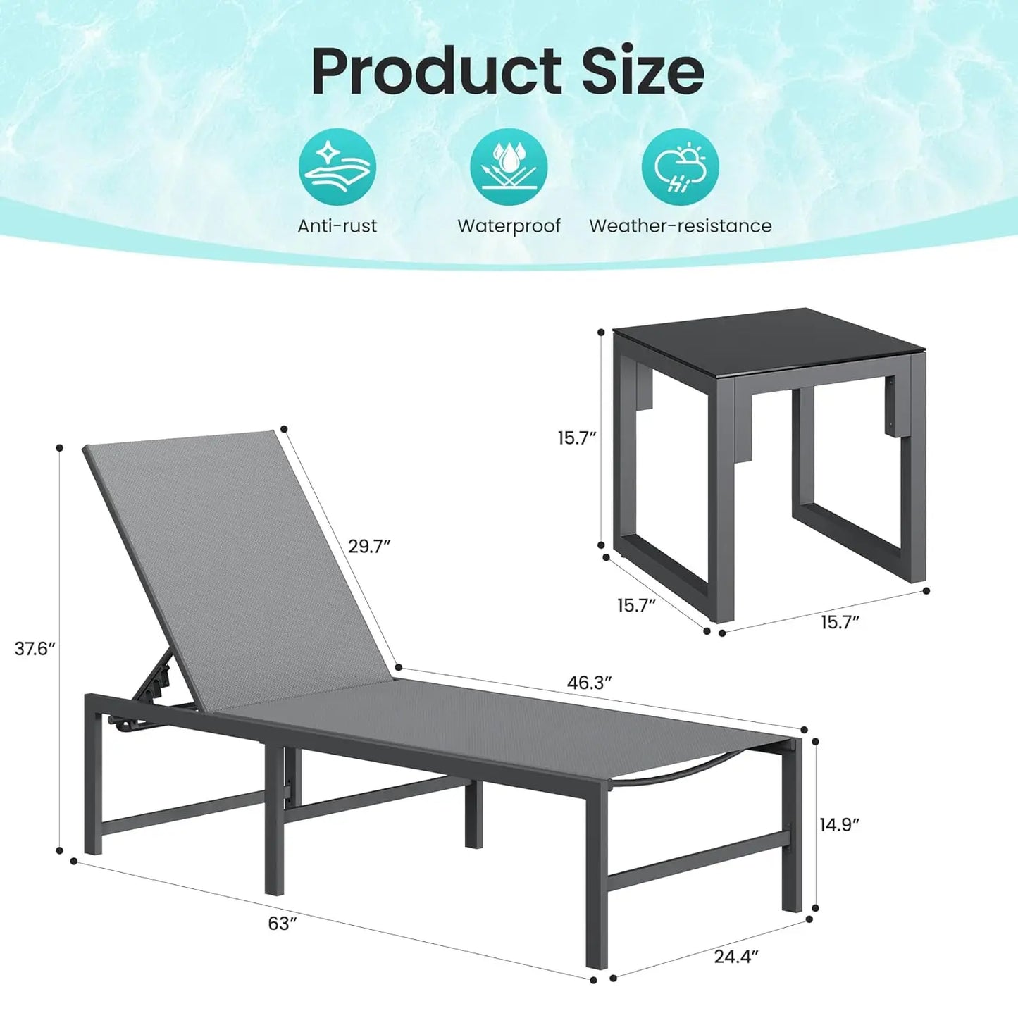 3-Piece Adjustable Chaise Lounge Set With Table Weather Resistant