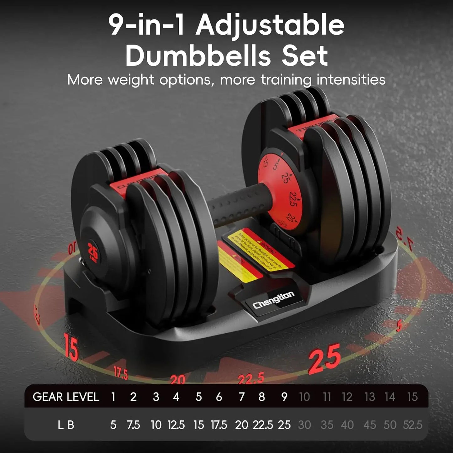 Adjustable Dumbbell Set 5 to 25 Pounds Quick Weight Change Anti Slip Grip