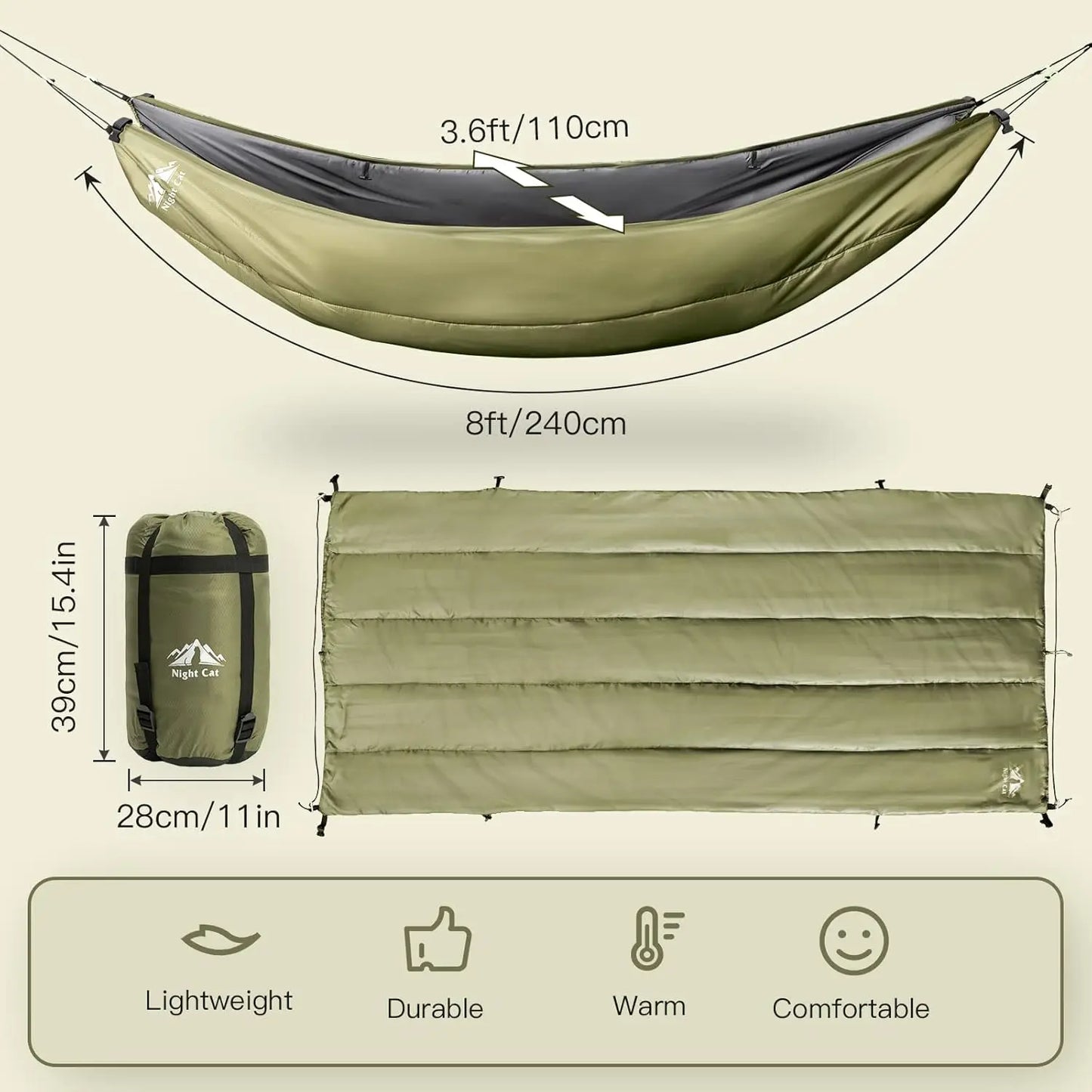 4-Season Insulated Hammock Underquilt Sleeping Bag Lightweight Warm Portable 8x3.6ft Army Green