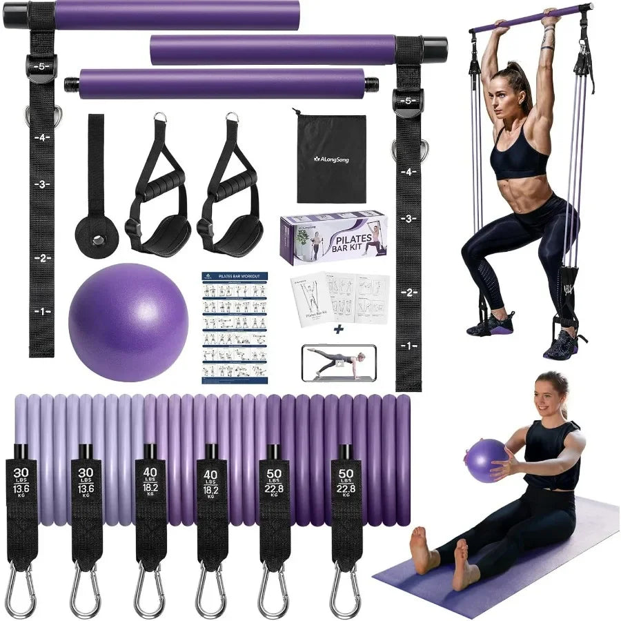 Pilates Bar Kit With Resistance Bands Natural Latex Stainless Steel
