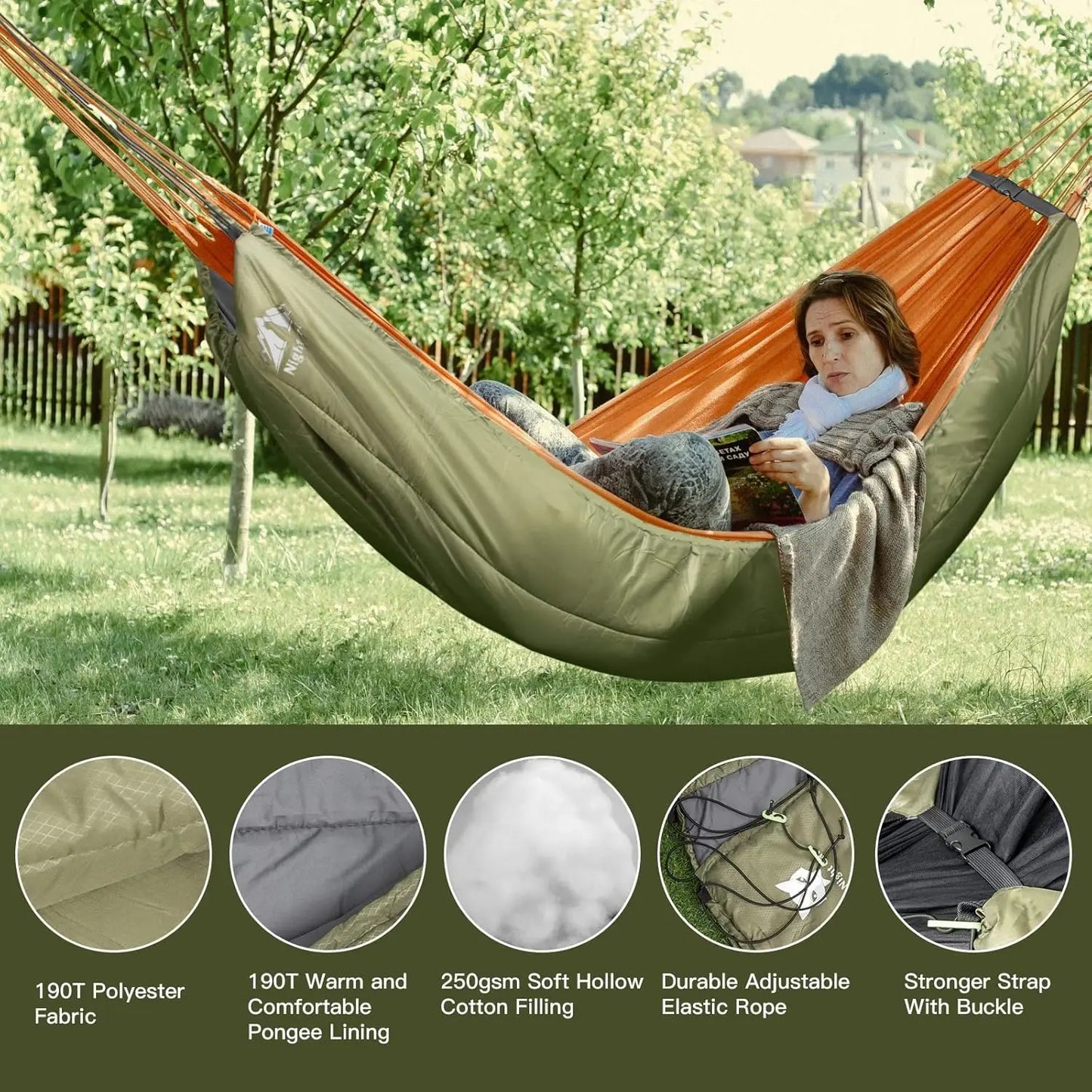 4-Season Insulated Hammock Underquilt Sleeping Bag Lightweight Warm Portable 8x3.6ft Army Green