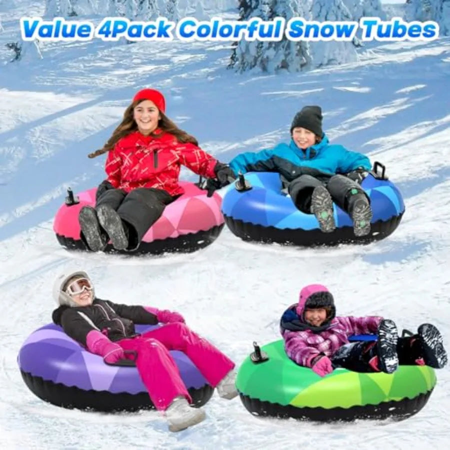 4Pack Snow Tubes Sleds Pack Inflatable Heavy-Duty Winter with Handle