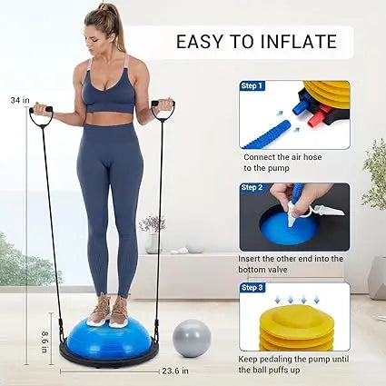 Half Exercise Ball Balance Trainer With Non Slip Base 2 Bands Pump Yoga