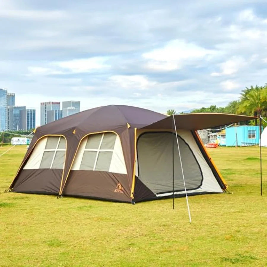 Extra Large Tent 12 Person A Awning Family Cabin Tents 2 Rooms 4 Doors and 4 Windows with Mesh Straight Wall Waterproof Double